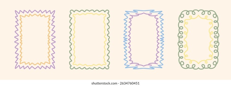 Set of Tall Vertical Frames with Zigzag Wavy and Swirly Borders. Hand Drawn Stamp Inspired Pastel Outlines in Purple Yellow Green and Blue. Vector Illustration on Beige Background