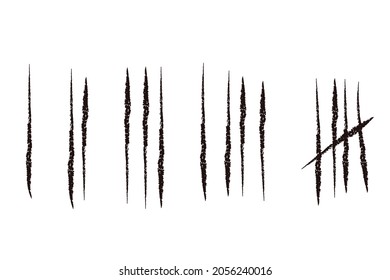 Set tally marks lines or sticks hand drawn isolated on white background. Counting waiting number on wall prison. Grunge stroke. 