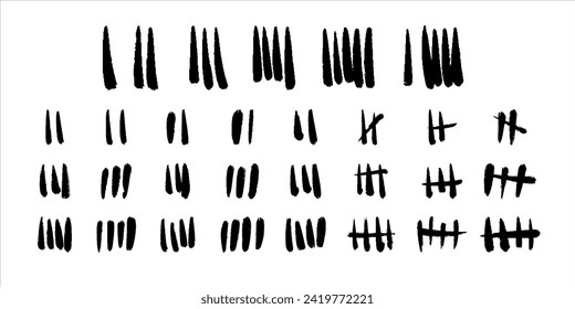 Set of tally marks. Vector grunge icons.Hand drawn slash strokes on white backgrouтd