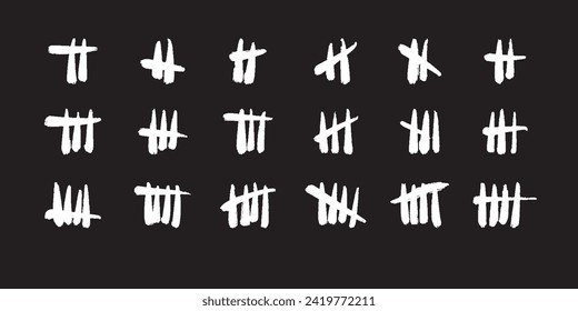 Set of tally marks. Vector hand drawn icons. White colored slash strokes on black board