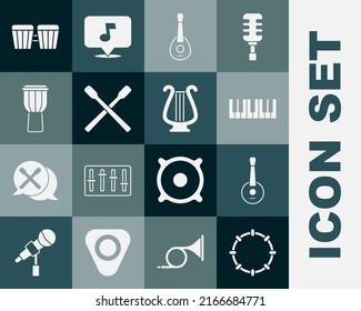 Set Tambourine, Banjo, Music synthesizer, Guitar, Drum sticks,  and Ancient lyre icon. Vector