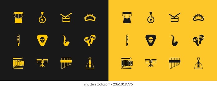 Set Tambourine, Bongo drum, Saxophone, Pan flute, Guitar pick, Drum with sticks, African darbuka and Banjo icon. Vector