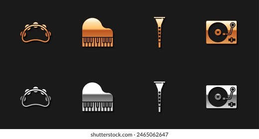 Set Tambourine, Grand piano, Clarinet and Vinyl player with vinyl disk icon. Vector