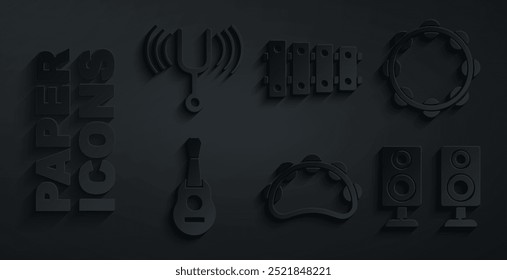 Set Tambourine, Guitar, Stereo speaker, Xylophone and Musical tuning fork icon. Vector