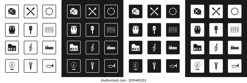 Set Tambourine, Maracas, Drum, sticks, Sound mixer controller,  and Grand piano icon. Vector