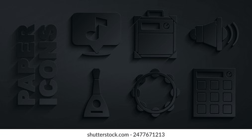 Set Tambourine, Speaker volume, Balalaika, Drum machine, Guitar amplifier and Musical note icon. Vector