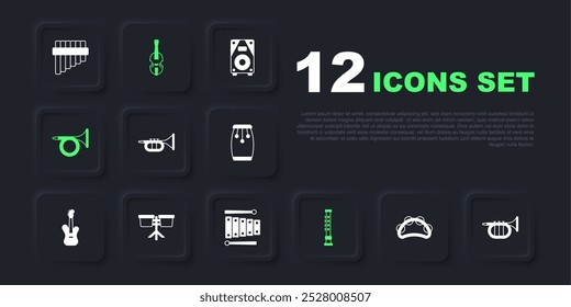Set Tambourine, Trumpet, Flute, Bongo drum, Violin and Xylophone icon. Vector