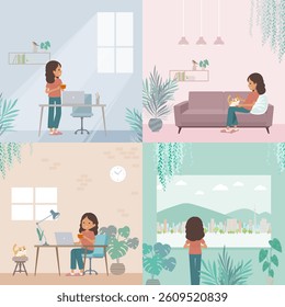 A set of tan skin women relaxing in the room.  It's vector art so easy to edit.