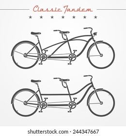 Set of tandem bicycles in silhouette style. Detailed classic tandem bicycle. Two tandem bicycles with different frames. Tandem bicycle stock vector illustration.
