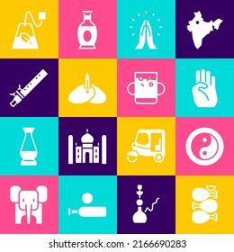 Set Tandoori chicken, Yin Yang, Indian symbol hand, Hands praying position, headgear turban, Bamboo flute indian, Tea bag and Cup of tea leaf icon. Vector