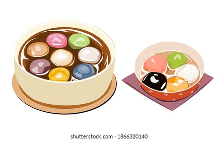 set of tang yuan or glutinous rice balls in a bolw with ginger soup, close up realistic hand drawing vector illustration. 