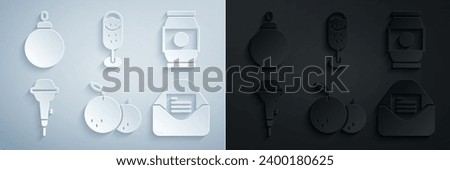 Set Tangerine, Beer can, Microphone, Christmas party invitation card, Glass of champagne and ball icon. Vector