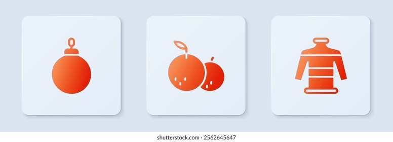 Set Tangerine, Christmas ball and sweater. White square button. Vector