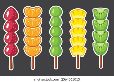 set of tanghulu, asian street food, fruit candy, strawberry candy, orange candy, grape candy, sweet dessert, sweet food, sticker food