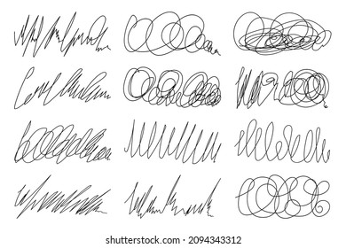 Set of tangled dividing of doodle line art. Abstract hand drawn flourish pens. Chaotic scribble knot. A sketch of the shape tangle of chaos. Collection vector illustration of twisted wires.