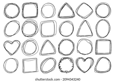 Set of tangled doodle line art frames. Abstract hand drawn flourish pen. A sketch of the tangles of the shape of chaos. Collection of vector symbols.