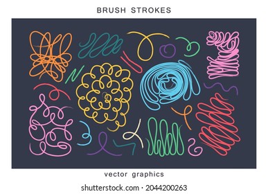 Set of tangled doodles of brush strokes. Trendy minimalistic design elements. Vector graphics