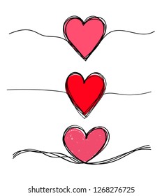 Set of tangled grunge hearts scribble hand drawn with thin line, divider shape. Vector illustration. Isolated on white background.