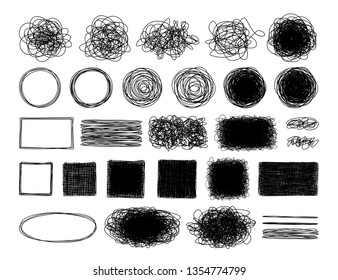Set of tangled grungy round, oval, square, rectangular and messy scribbles hand drawn with thin line, isolated on white background. Vector illustration