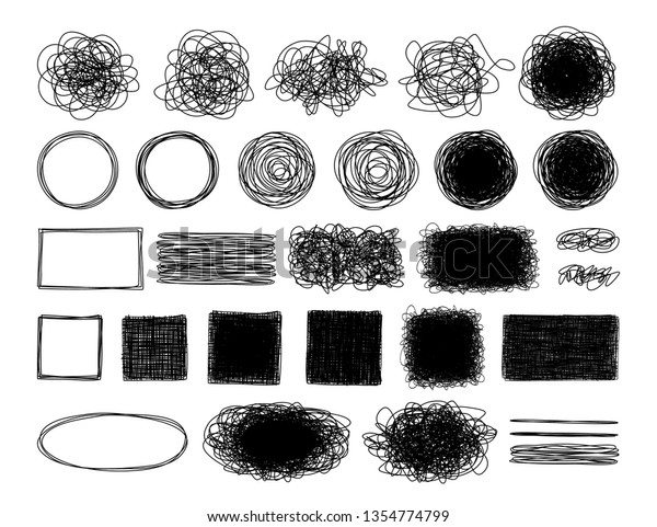 Set of tangled grungy round, oval,\
square, rectangular and messy scribbles hand drawn with thin line,\
isolated on white background. Vector\
illustration