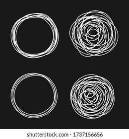 Set of tangled grungy scribbles with chalk board effect, hand drawn with thin line. Isolated on white background. Vector illustration