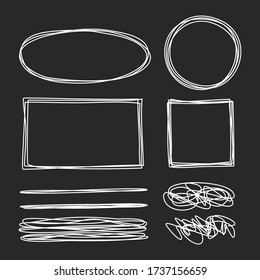 Set of tangled grungy scribbles with chalk board effect, hand drawn with thin line. Isolated on white background. Vector illustration