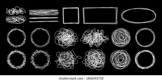 Set of tangled grungy scribbles, hand drawn with thin line with chalkboard effect. Isolated on black background. Vector illustration