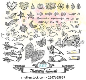 Set of tangled illustrations. Stylish unique art. Arrows, flowers, ribbons, borders, swan, butterfly, clouds, feather, moon, sun, stars. Vectormagical elements