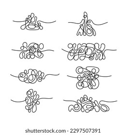 Set of tangled lines. Vector messy scribble set. Hand drawn doodle knots curved in square and round form. Abstract collection