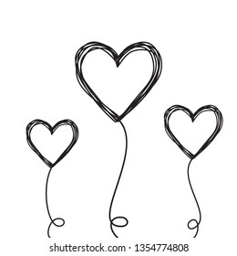 Set of tangled scribbled hearts on a string line like an air baloon isolated on white background. Vector illustration