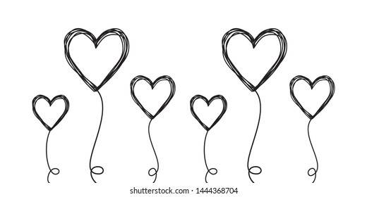 Set of tangled scribbled hearts on a string line like an air baloon or a flower, hand drawn with thin line. Isolated on white background. Vector illustration