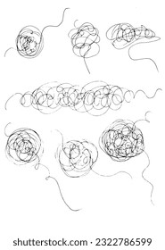set of tangled threads depicting many thoughts illustration. isolated in white