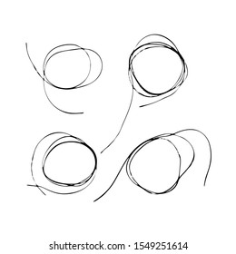 Set of tangled threads isolated on white. Thread scribble circle frames. Black line abstract scrawl sketch. Vector illustration of chaotic doodle shapes. EPS 10