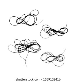 Set of tangled threads. Thread scribble nest, cloud. Black line abstract scrawl sketch. Vector illustration of chaotic doodle shapes. EPS 10.