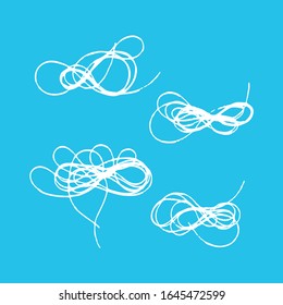 Set of tangled threads. Thread scribble nest, cloud. Outline abstract scrawl sketch. Vector illustration of chaotic doodle shapes. EPS 10.