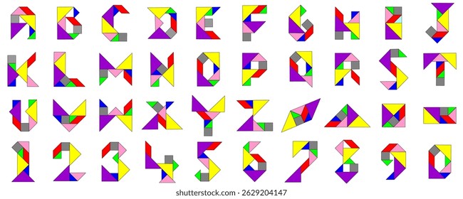 a set of tangram alphabet numbers and flat shapes with lines isolated on white background, vector