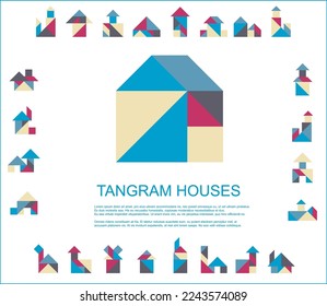 Set of tangram houses  - stylish real estate children's puzzle cottage elements - Chinese geometric puzzle buildings
