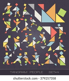 Set Of Tangram People On Grunge Background. Tangram Shapes. Vector Elements For Design. 