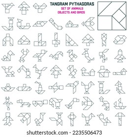 Set of Tangram Puzzle Line. Pythagoras square.