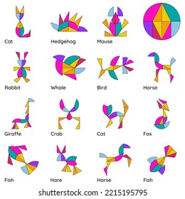 Set of Tangram Puzzle. Magic Circle. Animals.