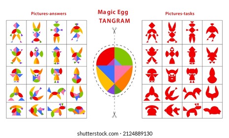 Set of tangram puzzles (geometric puzzle) for development of logical thinking of children. Collection of 20 items created using parts from Magic Egg. Cards with tasks and answers. Vector illustration 