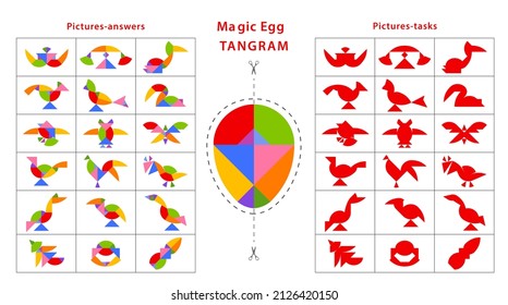 Set of tangram puzzles (geometric puzzle) for development of logical thinking of children. Collection of 18 items created using parts from Magic Egg. Cards with tasks and answers. Vector illustration 