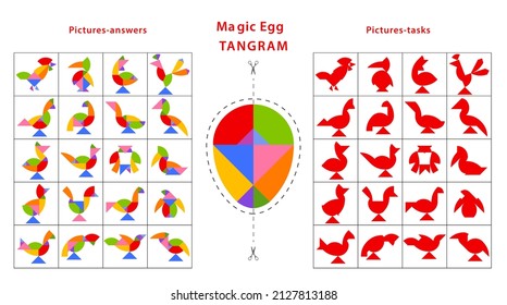 Set of tangram puzzles (geometric puzzle) for development of logical thinking of children. Collection of 20 items created using parts from Magic Egg. Cards with tasks and answers. Vector illustration 