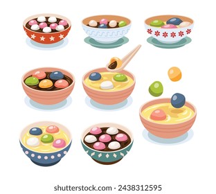 Conjunto de colección de tazones de tangyuan, festival chino de linterna feliz, dibujos animados de bolas de arroz coloridas, Tangyuan saltando en tazón, comida dulce china asiática o comidas de postre con cuchara. Ilustración de vector