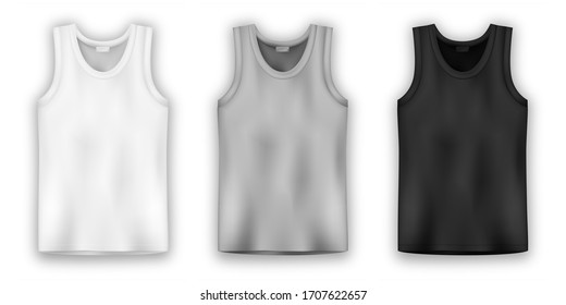 Set of tank top in white, gray and black colors. Men vest underwear. Isolated sleeveless male sport shirts or men top apparel. Blank templates of t-shirt. Casual style. Vector illustration svg