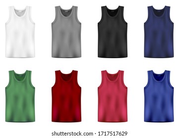 Set of tank top in white, gray,black, blue, green and red colors. Men vest underwear. Isolated sleeveless male sport shirts or men top apparel. Blank templates of t-shirt. Vector illustration svg