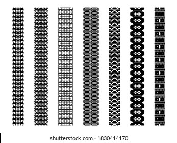 Set of tank track treads isolated on white. Various caterpillar tracks an impressed treads of heavy vehicles like tractors, bulldozers, military transport units. Continuous track brushes.