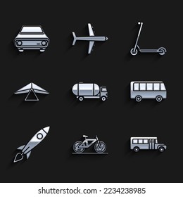 Set Tanker truck, Bicycle, School Bus, Rocket ship with fire, Hang glider, Scooter and Car icon. Vector
