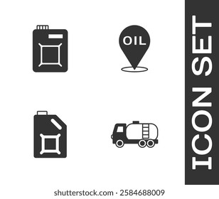 Set Tanker truck, Canister for motor oil,  and Refill petrol fuel location icon. Vector
