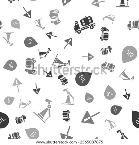 Set Tanker truck, Exclamation mark in triangle, Oil drop and Oil pump or pump jack on seamless pattern. Vector